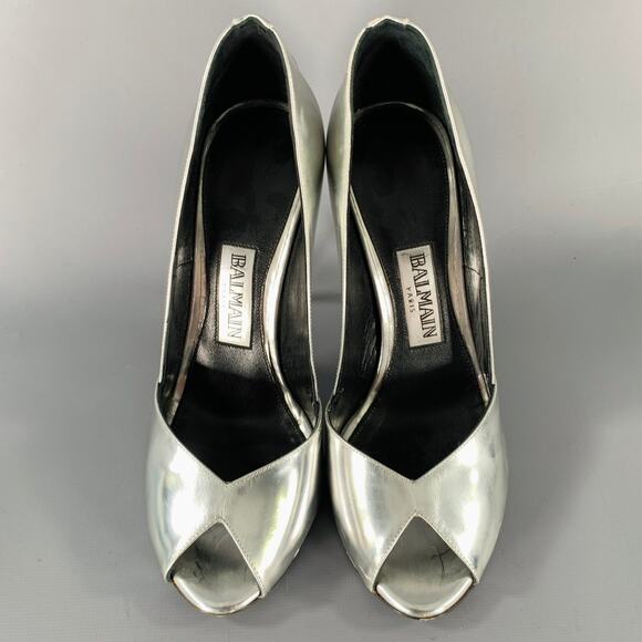 BALMAIN Size 6 Silver Patent Leather Peep Toe Heels Pumps - Picture 4 of 11